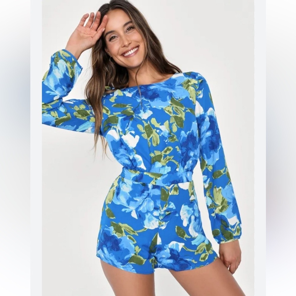 Lulus Blue Floral Open Back Romper NWT Size M Long Sleeve